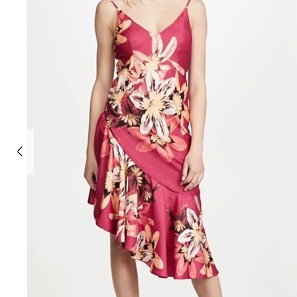 PatBO Carmen Floral Asymmetrical Slip Dress Pink Bias Cut Ruffle Hem Size 4 - Picture 2 of 11